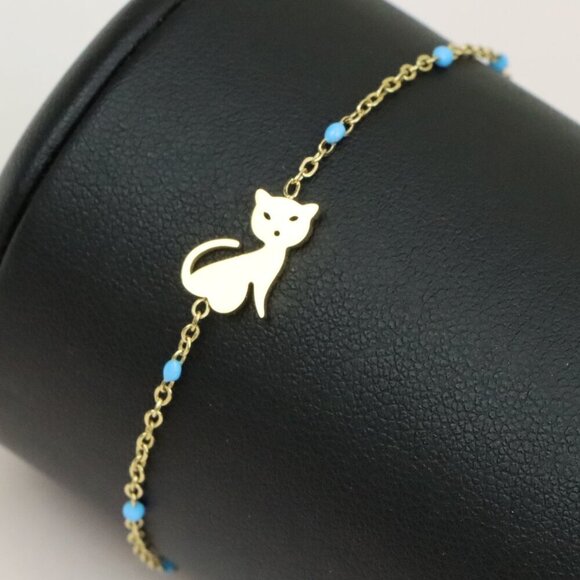 Chic Yellow Gold Cat Bracelet with Blue Beads, XPBL0622 - Picture 1 of 12